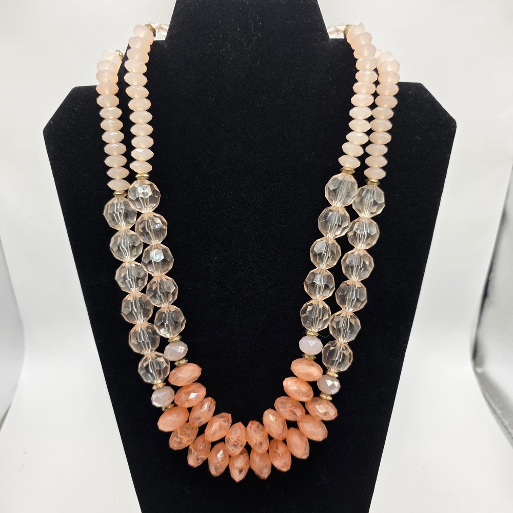 Peach Pink Clear Faceted Double Strand Beaded Statement Necklace Adjustable 21in